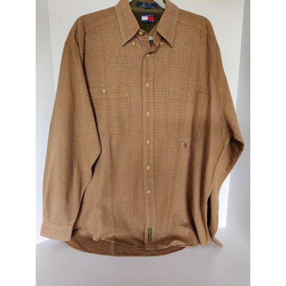 Vtg. Men Tommy Hilfiger Button Down Shirt Large Long Sleeve Plaid Brown Red - Picture 9 of 9